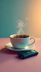 Energizing Coffee Break A steaming cup of coffee and portable charger symbolize the revitalizing power of caffeine, perfect for illustrating energy and refreshment.