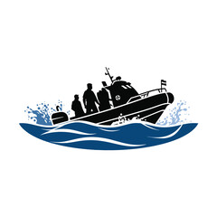 Rigid inflatable boat with people on wavy blue water, isolated on white background