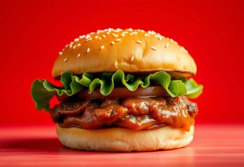 Juicy burger on vibrant red background, appetizing close-up, American food, hungry