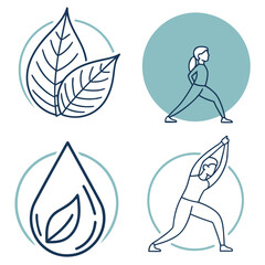 Set of four minimalist line art icons representing nature and wellness including two leaves a water drop with a leaf and two women practicing yoga poses in circles