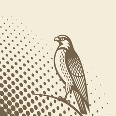 Stylized illustration of a perched falcon with a distinctive speckled pattern on its chest and wings set against a light background with a halftone dot effect