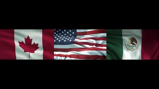 Canada, USA and Mexico flags fluttering in the wind. Waving the flags of the countries of North America.