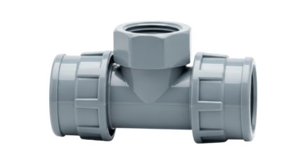 Grey plastic tee fitting for plumbing isolated PNG with Transparent Background