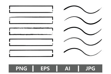 Illustration of five rectangular brush stroke frames and five wave brush strokes