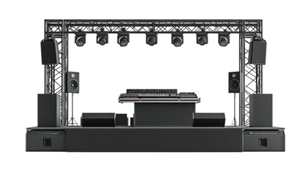 Dark, front view of lit concert stage setup for a DJ