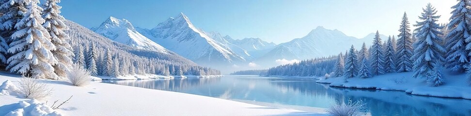 Serene Winter Wonderland Snow-Covered Forest, Frozen Lake, and Majestic Mountains