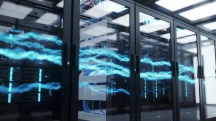 Abstract visualization of data streams flowing through a modern server room with glowing blue energy. - Powered by Adobe