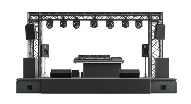 Dark, front view of lit concert stage setup for a DJ