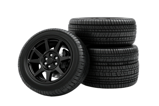 Stacked tires with rims, one tilted to show details, on a black backdrop