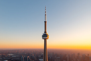Obraz premium Skyline Tower at Sunset: A soaring tower piercing the warm, colorful sky above a sprawling cityscape. A mesmerizing view.