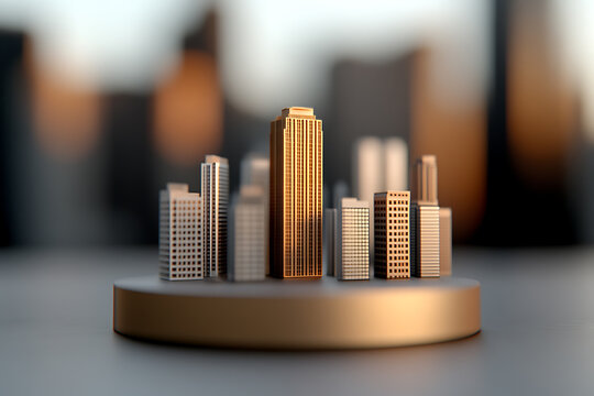 Miniature golden city on display. A central tower stands out among various sized buildings, displayed on a bronze platform, set against a blurred city background.