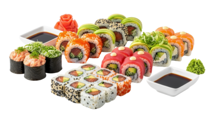 Assorted sushi rolls with wasabi and ginger isolated PNG with Transparent Background