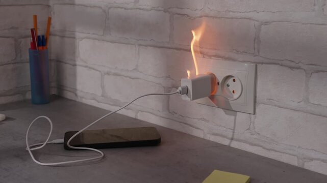 Smartphone charger caught fire in electrical outlet when using non-original phone power supply