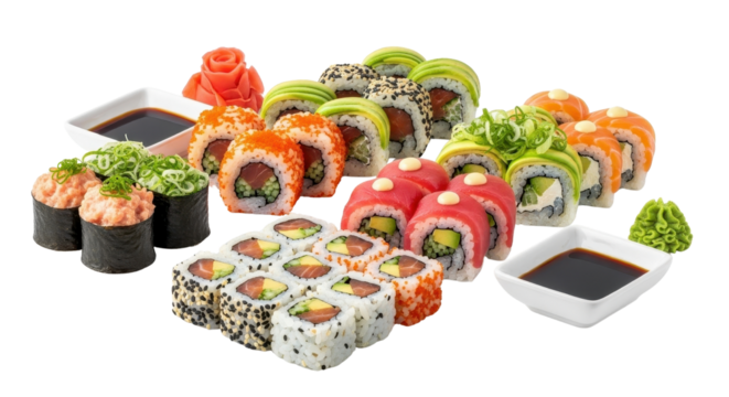 Assorted sushi rolls with wasabi and ginger isolated PNG with Transparent Background