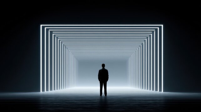 Silhouetted Figure Illuminated Rectangular Light Tunnel