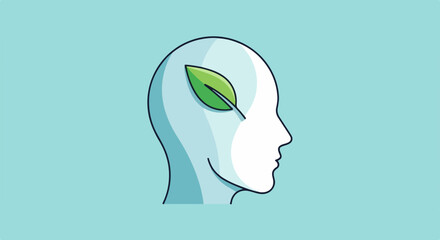 Mindful thinking illustrated by head with leaf and concept for mental wellness. Mindful thinking contributes to positivity and balance. Visualize mindful thinking for well-being or stress reduction.