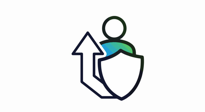 Business protection icon represents security and growth with shield and arrow. Business protection ensures stability for company with person, reflecting confidence.
