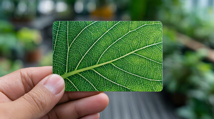 Eco card green leaf closeup texture pattern macro sustainability nature theme Hand holding eco card with green leaf macro texture, sustainable