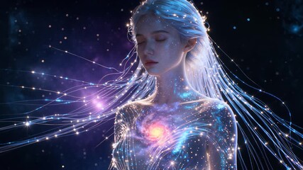 A serene woman with flowing, starry hair glows against a cosmic backdrop, her ethereal form blending with a nebula-filled universe in a mystical, futuristic digital artwork - Powered by Adobe