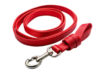 Red nylon dog leash laying on clear surface, highlighting quality pet equipment with minimalist design aesthetic isolated on white background