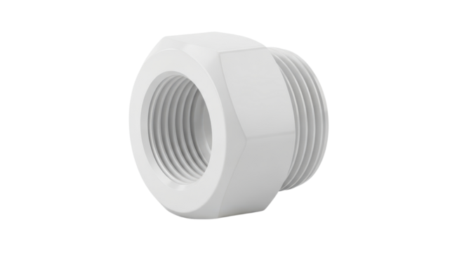 White plastic reducer fitting for plumbing applications isolated PNG with Transparent Background