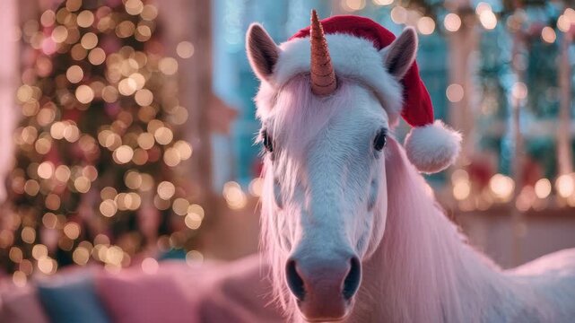 festive unicorn in livingroom wearing a santa hat animation