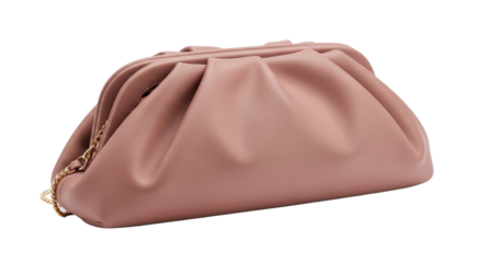 Pink faux leather gathered handbag with gold chain isolated PNG with Transparent Background