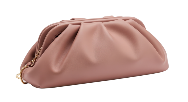 Pink faux leather gathered handbag with gold chain isolated PNG with Transparent Background