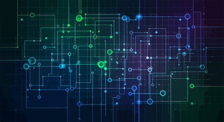 Abstract technology background featuring circuit board design with interconnected lines and nodes to represent a modern high tech circuit board design.