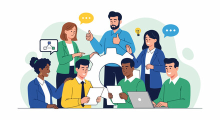 Diverse team discussing strategy around a central gear illustrates team strategy, brainstorming, and collaborative problem-solving. Team strategy session displays various ethnicities, genders,