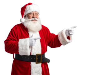 Cartoon illustration of Santa Claus (Father Christmas) cheerfully pointing forward, isolated on transparent background, PNG