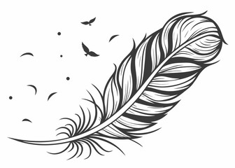 Obraz premium Detailed illustration of a feather with birds and dots in a monochromatic black and white design created with generated ai
