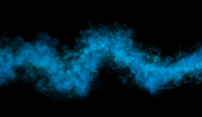 Vibrant light blue smoke wave isolated on transparent background, dynamic swirling cloud of mist moving in oscillating zigzag motion