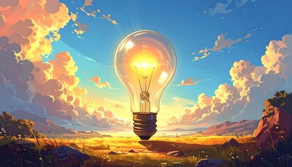 A glowing lightbulb, symbolizing an idea, radiates against a vibrant sunset sky and grassy landscape, with fluffy clouds adding depth