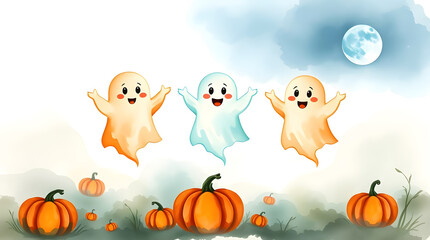 Naklejka premium Cute Halloween ghosts flying over pumpkins watercolor painting