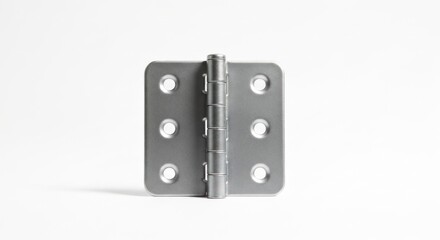 Metal door hinge, silver colored, squared corners, against a white background