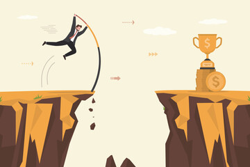 Confident businessman pole vault jumping cross over cliff gap. Overcome obstacles to reach business success, challenge for male leader, solution or skill to achieve target