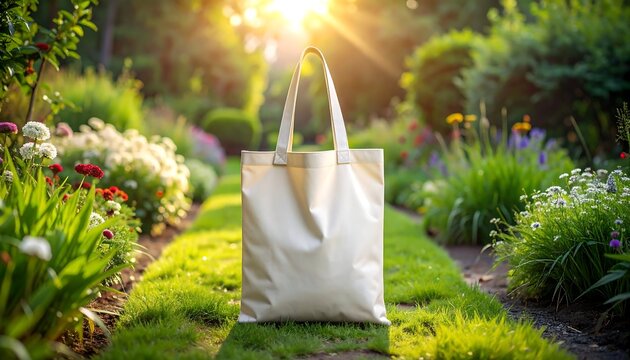 A neutral-colored tote bag is placed on a green path in a sunny garden. Vibrant plants line the pathway