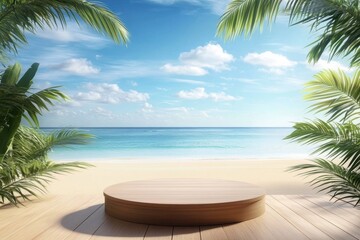 Fototapeta premium 3D rendering tropical beach scene background beautiful blue wood podium summer