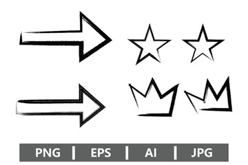 Illustration of two arrows, two stars and two crowns with a grunge brush effect