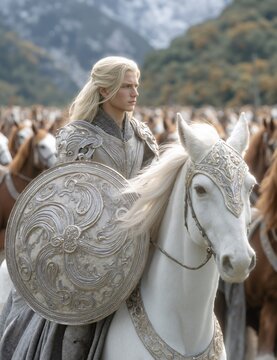An elven warrior in silver armor rides a white horse at the head of a vast army. Fantasy knight with a shield preparing for a medieval battle