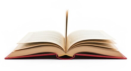 Fototapeta premium Open book with red cover, pages slightly curved, against white background