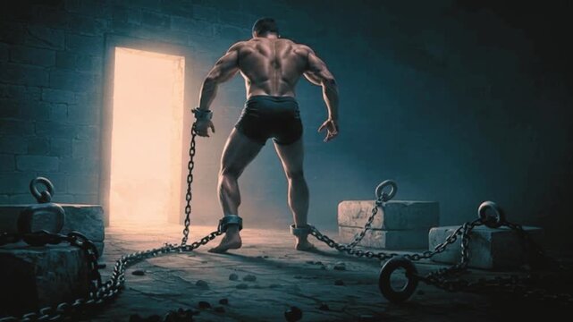 A powerful conceptual depiction of a man breaking free from heavy chains by his own strength, symbolizing change of mind and self-liberation Generative AI.