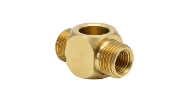 Brass threaded fitting for plumbing and pipework isolated PNG with Transparent Background
