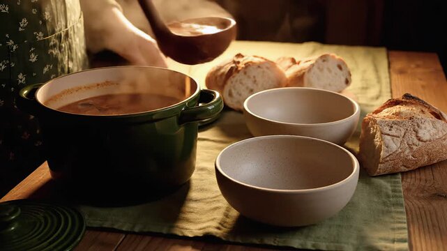 Cozy evening scene with a person ladling hot, steaming soup from a green pot into ceramic bowls, with freshly baked bread on a rustic wooden table illuminated by warm, dramatic light