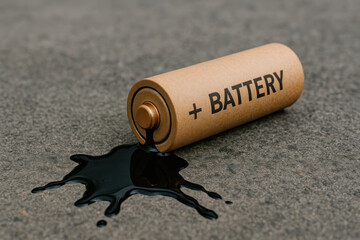 A cardboard battery with a black liquid leak.