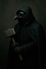 A black crow in a hood holds a hammer.