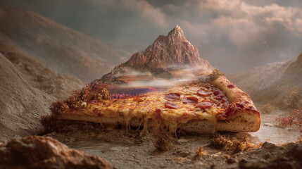A pizza slice mountain landscape with pepperoni and melted cheese peak