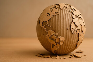 A cardboard globe made of corrugated cardboard with continents is collapsing. Space for text.