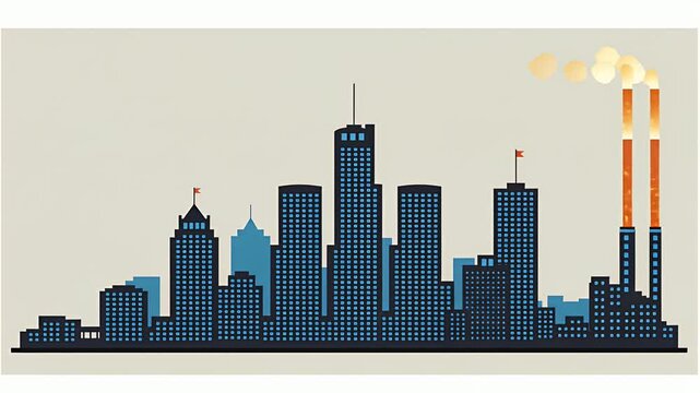 Illustration of a city skyline, buildings with lights and smokestacks with emissions